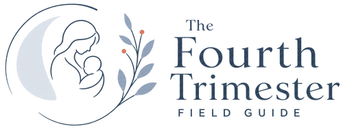 A logo-style graphic reading 'The Fourth Trimester Field Guide' with a mother-and-child silhouette inside a crescent moon and a small leafy branch on a white background.